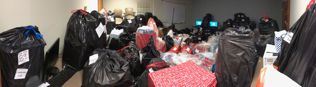 Generosity is on display when you see a room like this, one of many at Avivo this year, piled high with gifts.