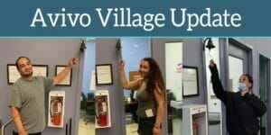 An Avivo Village update banner image, showing three Avivo Village residents who have found housing and ring the bell to start a celebration at the village.