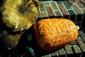 Pumpkin with Avivo carved into it in fall 2021, at the Booyah Festival.