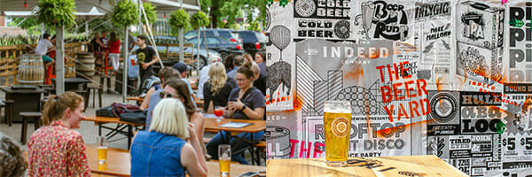 Photos showing Indeed Brewing Company's outdoor beer yard and people enjoying themselves outside.