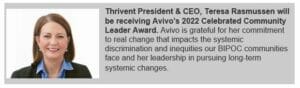 Caption image of Teresa Rasmussen, with a caption mentioning she she was receiving Avivo's 2022 Celebrated Leader Award.