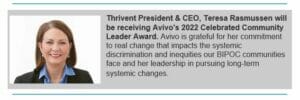 Caption image of Teresa Rasmussen, with a caption mentioning she she was receiving Avivo's 2022 Celebrated Leader Award.