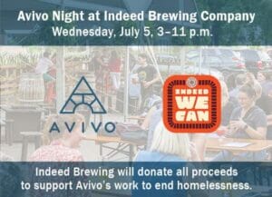 Banner image showing Avivo logo and Indeed Brewing Company's Indeed We Can logo, highlighting their program donating a portion of proceeds to nonprofits.