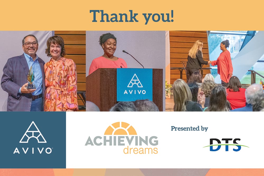 Image saying Thank you to those who attending Avivo's Achieving Dreams Breakfast, and mentioning presenting sponsor DTS.