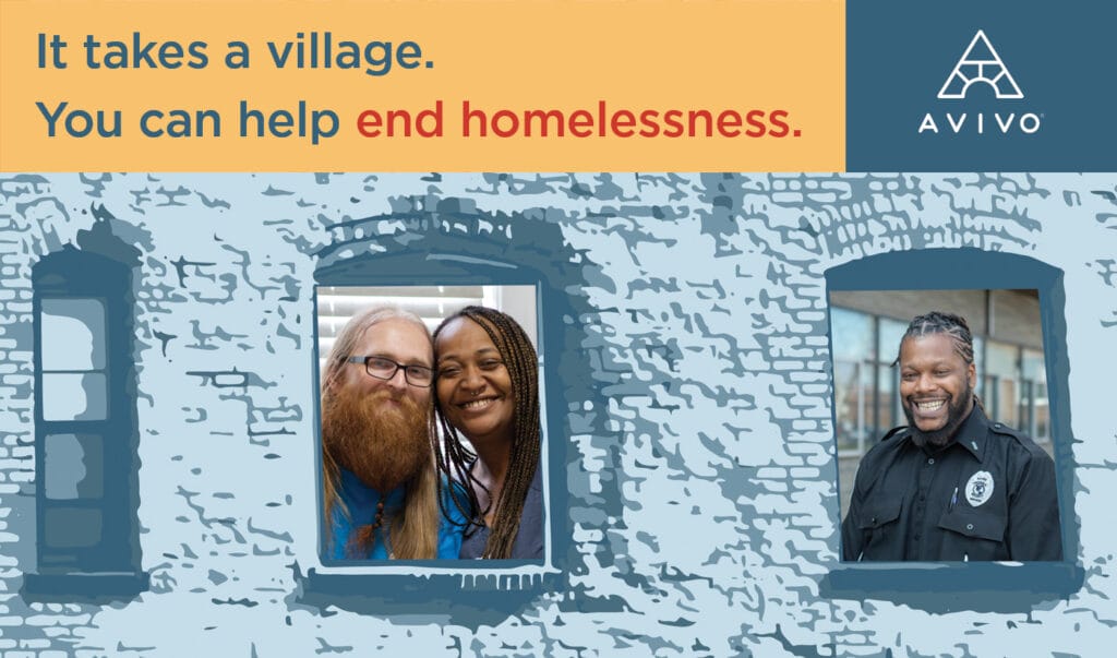 Image supporting Avivo's Give to the Max Day (GTMD) 2023 campaign, showing two successful Avivo participants looking out of windows, with the text It takes a village. You can help end homelessness.