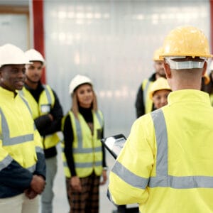 A group of construction pre-apprentice trainees meet with an instructor in this photo.