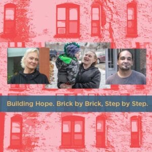 Image with three successful Avivo program participants, and the text "Building Hope. Brick by Brick. Step by Step."