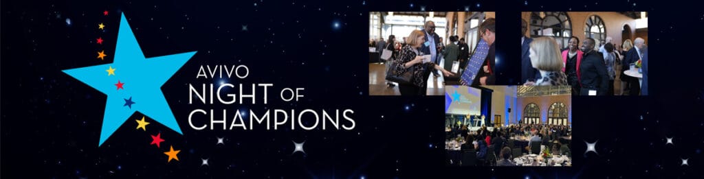 Web page banner for Night of Champions showing a collage of three photos of guests at past Night of Champions events enjoying themselves.