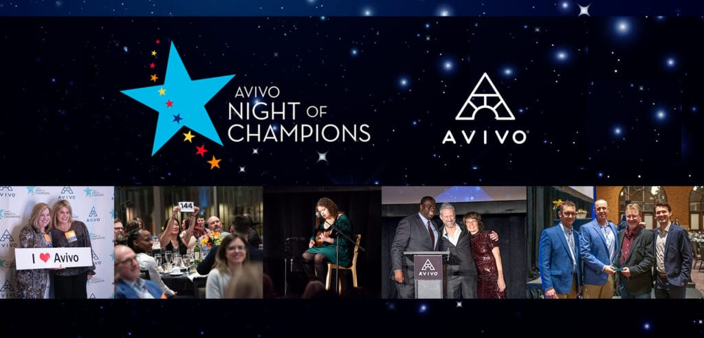 Image showing Avivo Night of Champions logo and Avivo logo, as well as photos of people enjoying themselves at Avivo Night of Champions.
