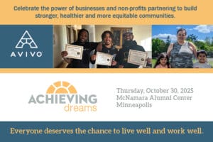 Achieving Dreams Breakfast header graphic, with photos of three Avivo success stories and the Achieving Dreams logo