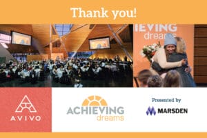 Image with the words Thank You and two photos from the 2025 Achieving Dreams event - one showing a full room with a speaker in a wide view and one close-up of this year's participant speaker and the event co-chair hugging.